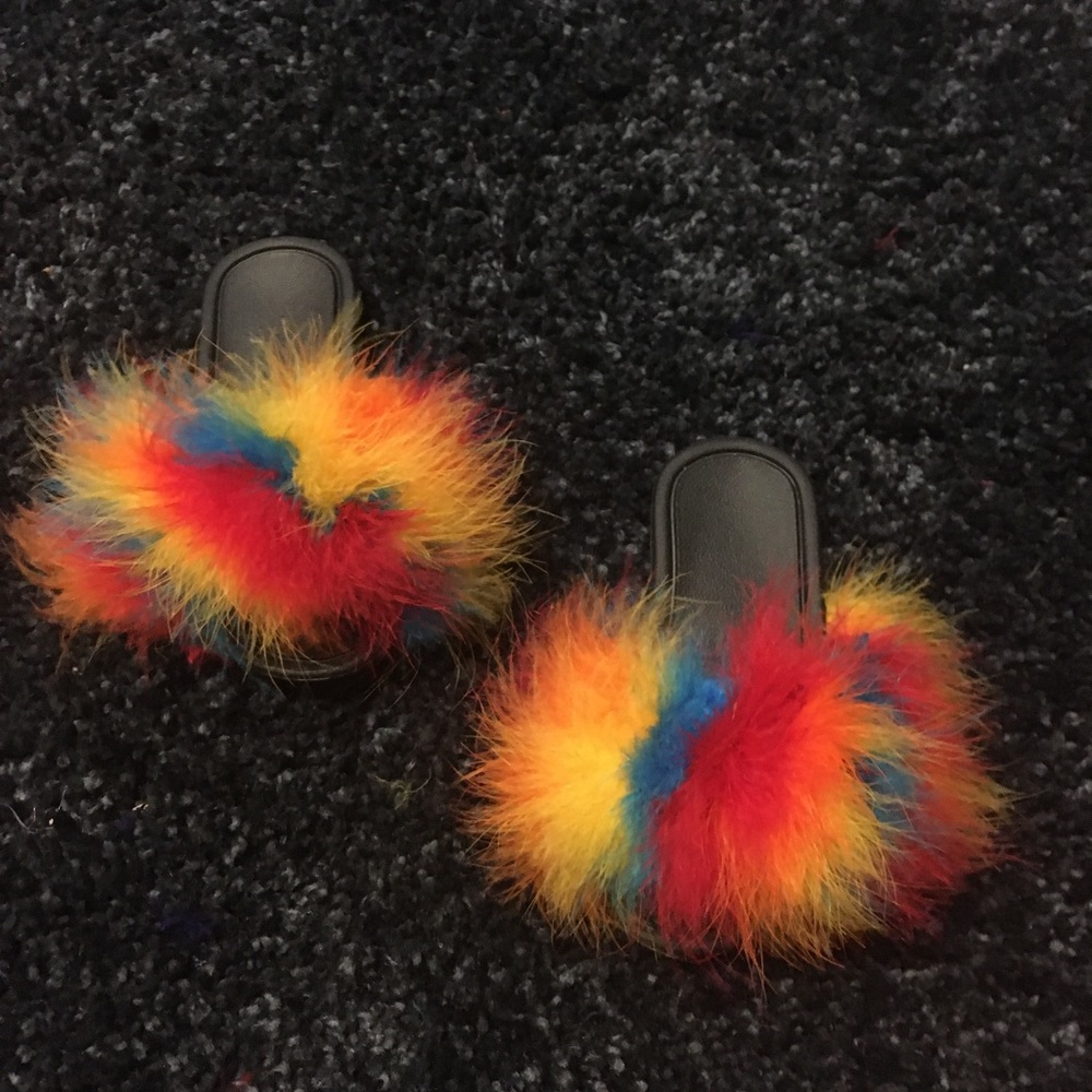 Rainbow Burst Kids Fur Slides